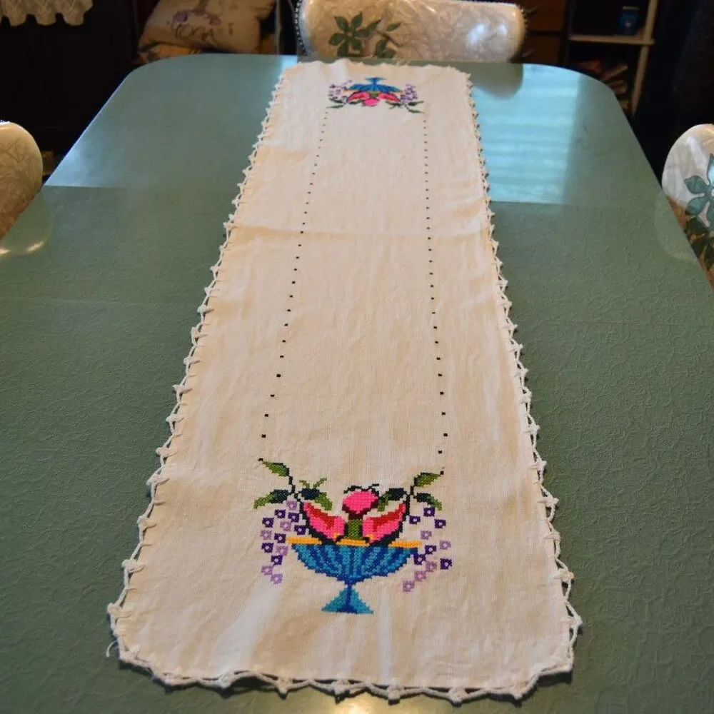 Vintage Mexican Embroidered Table Runner Folk Art Floral Crochet 53x14